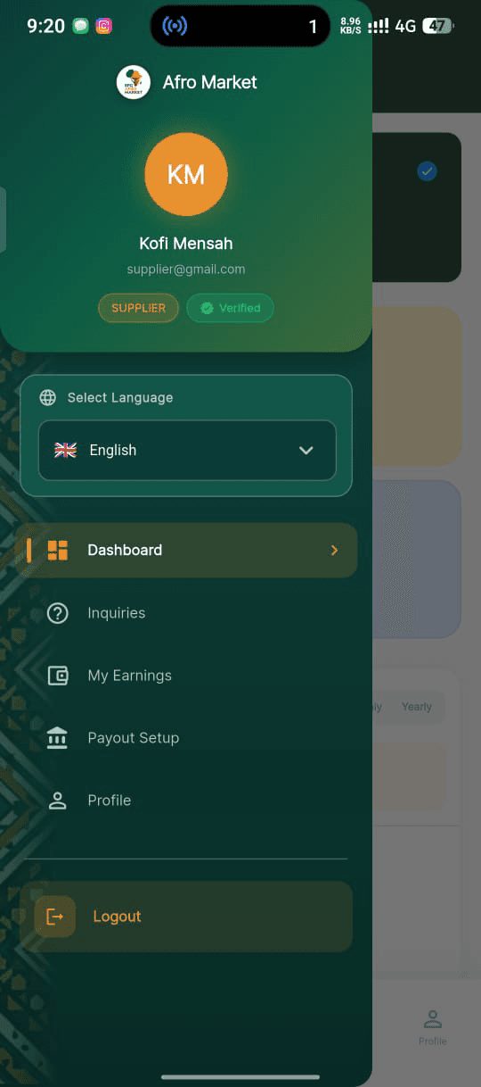 AfroMarket Supplier App — Android & iOS — Navigation — English
