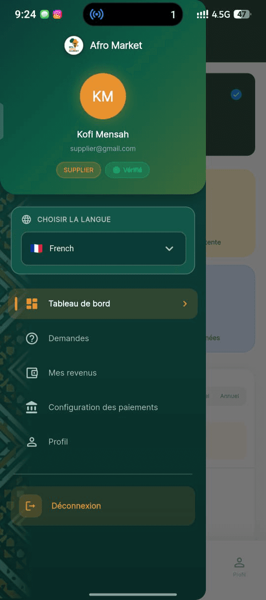 AfroMarket Supplier App — Android & iOS — Navigation — French