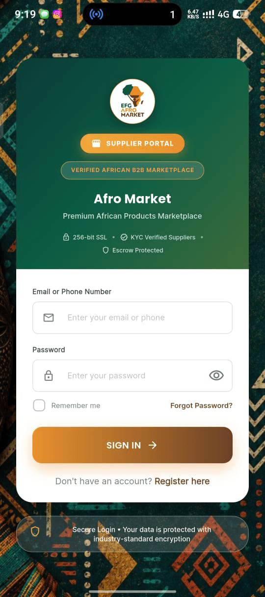 AfroMarket Supplier App — Android & iOS — Supplier sign-in