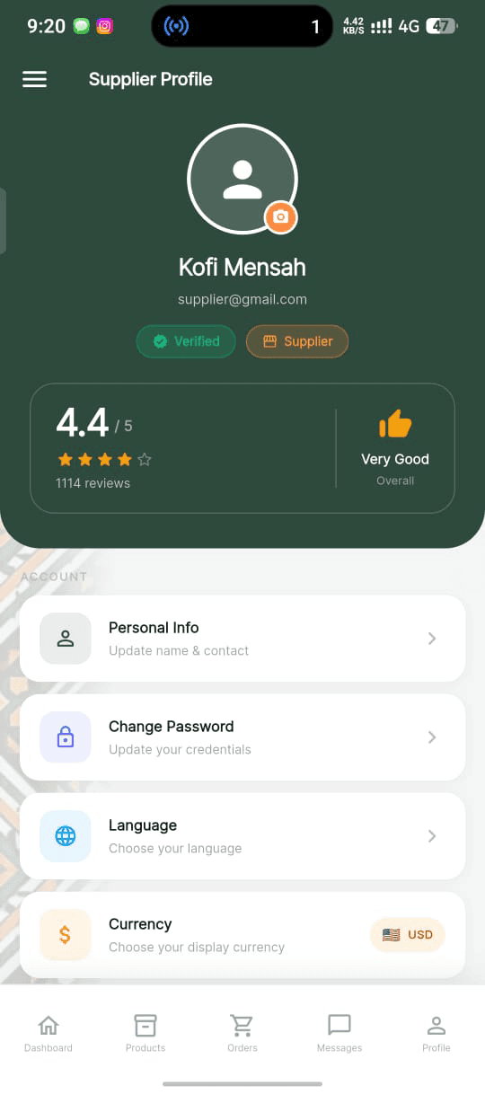 AfroMarket Supplier App — Android & iOS — Supplier profile