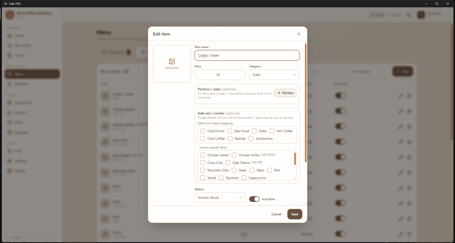 Cafe POS — Offline-First Restaurant Point of Sale — Menu item editor