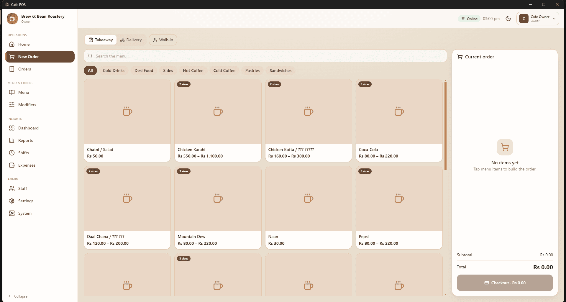Cafe POS — Offline-First Restaurant Point of Sale — Order screen