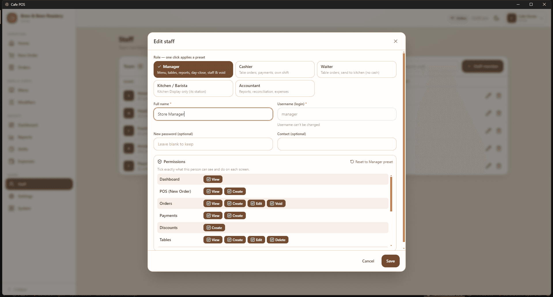 Cafe POS — Offline-First Restaurant Point of Sale — Staff & permissions