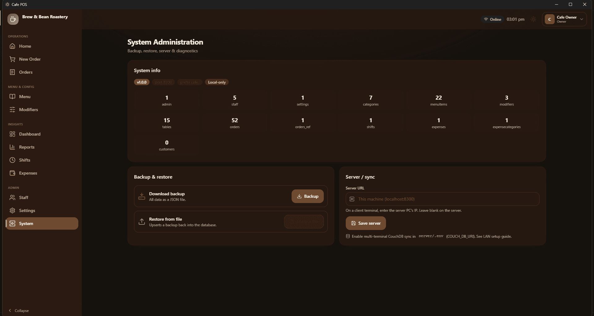 Cafe POS — Offline-First Restaurant Point of Sale — System administration