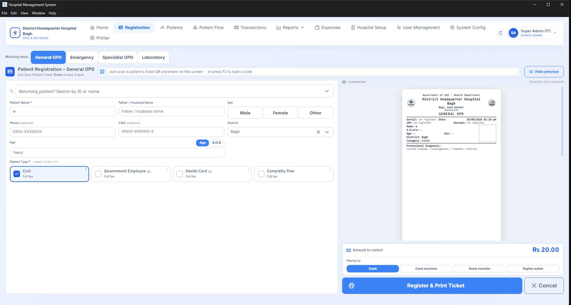 Hospital Reception Management System (HRMS) — General OPD registration + live slip preview