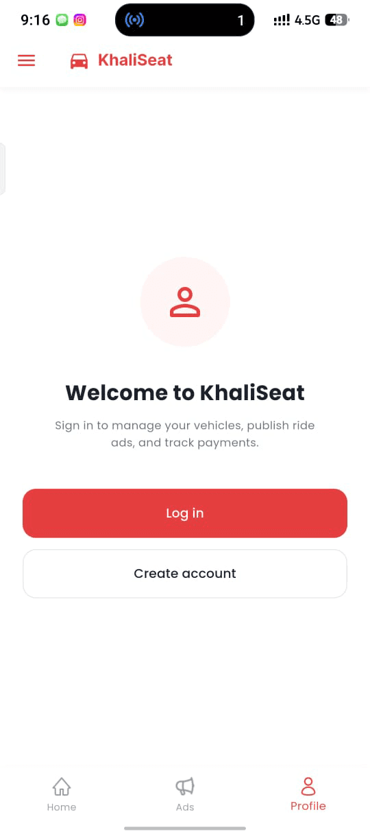 KhaliSeat — Ride-Sharing & Vehicle Listing App — Accounts — rider or vehicle owner