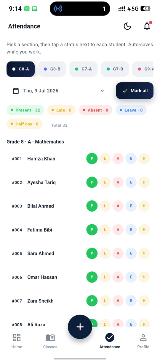 NuxusEd Mobile — Parent, Student & Teacher App — Attendance marking