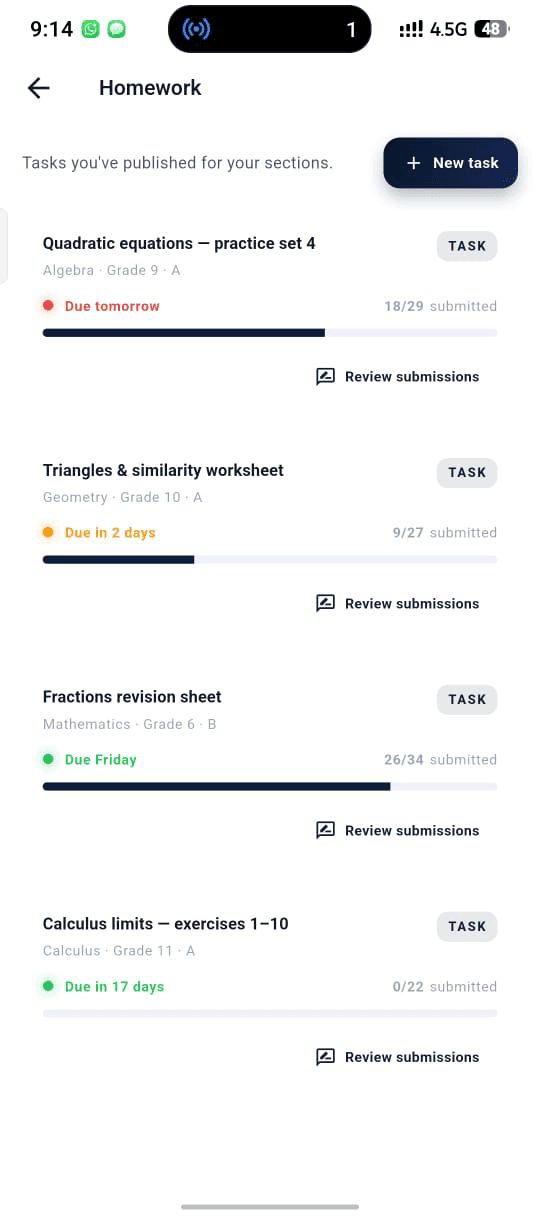 NuxusEd Mobile — Parent, Student & Teacher App — Homework publishing