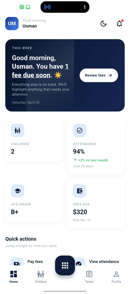NuxusEd Mobile — Parent, Student & Teacher App — Parent home