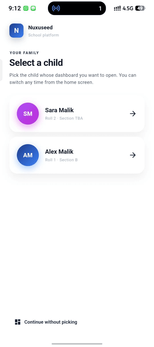 NuxusEd Mobile — Parent, Student & Teacher App — Parent — select a child