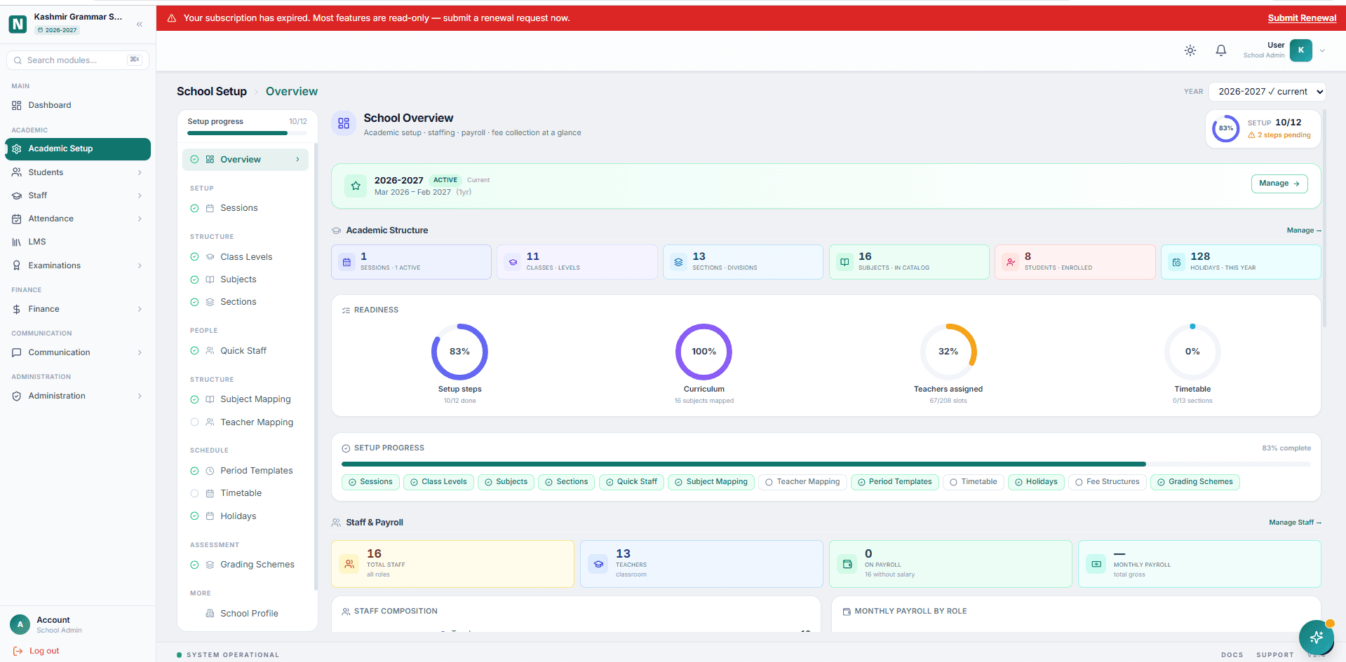 NuxusEd — Multi-Tenant School Management SaaS — Academic setup