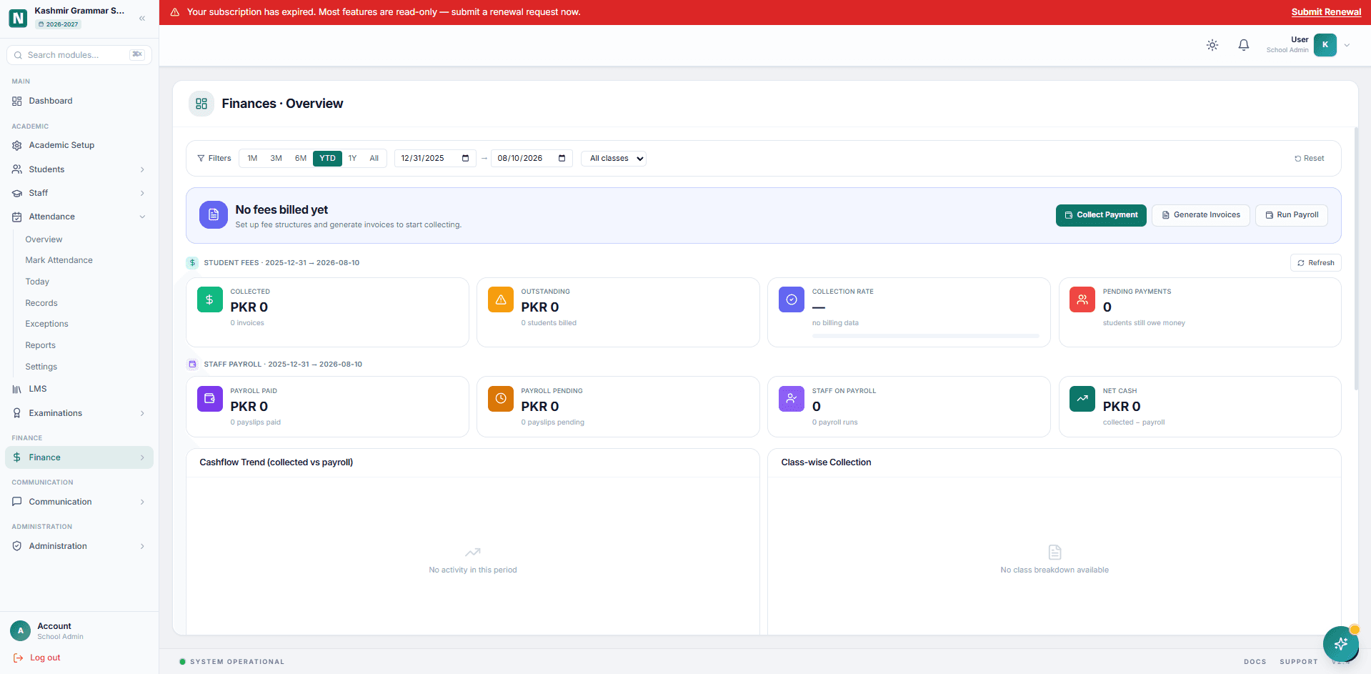 NuxusEd — Multi-Tenant School Management SaaS — Finance overview