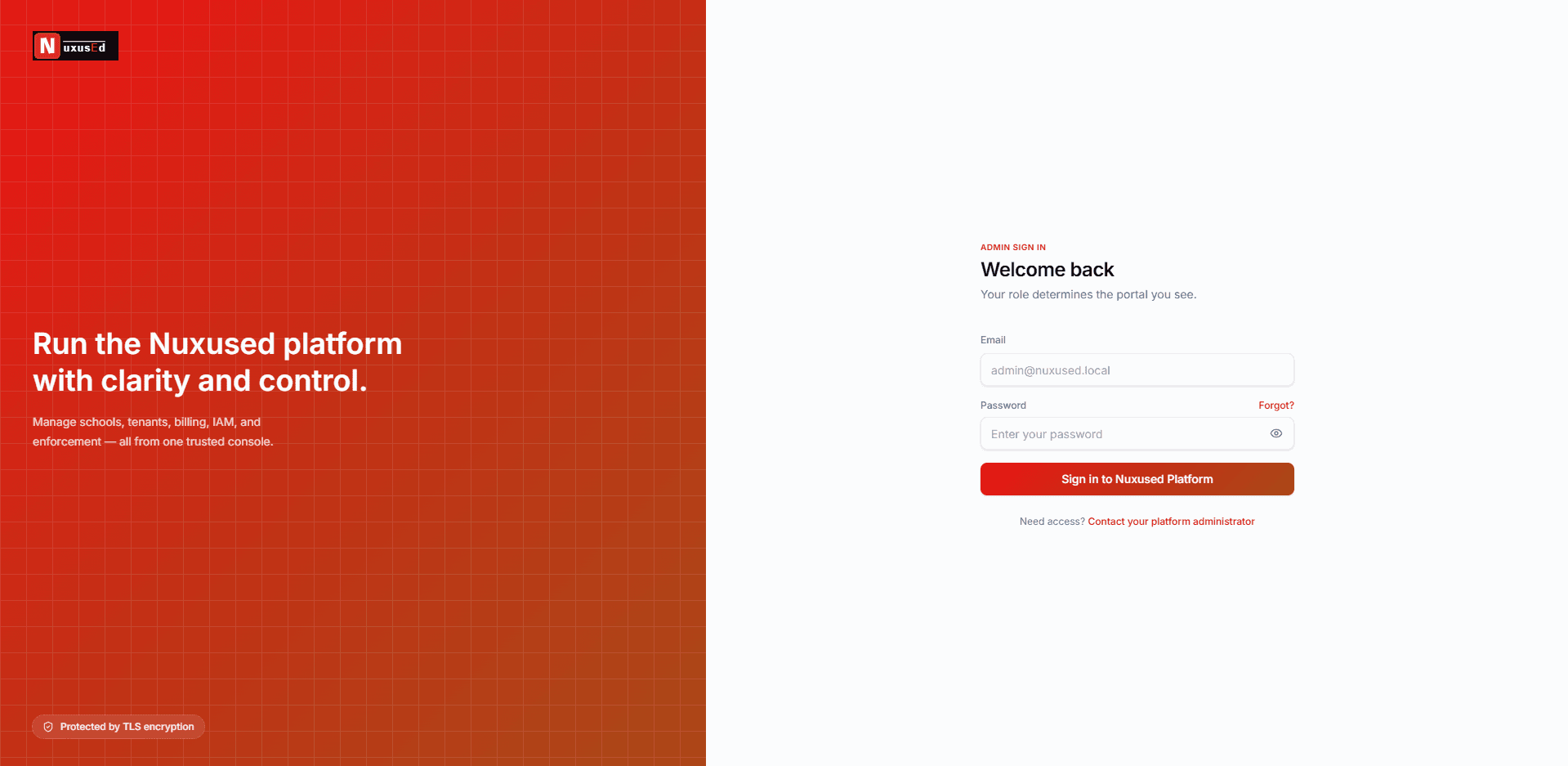NuxusEd — Multi-Tenant School Management SaaS — Control plane sign-in