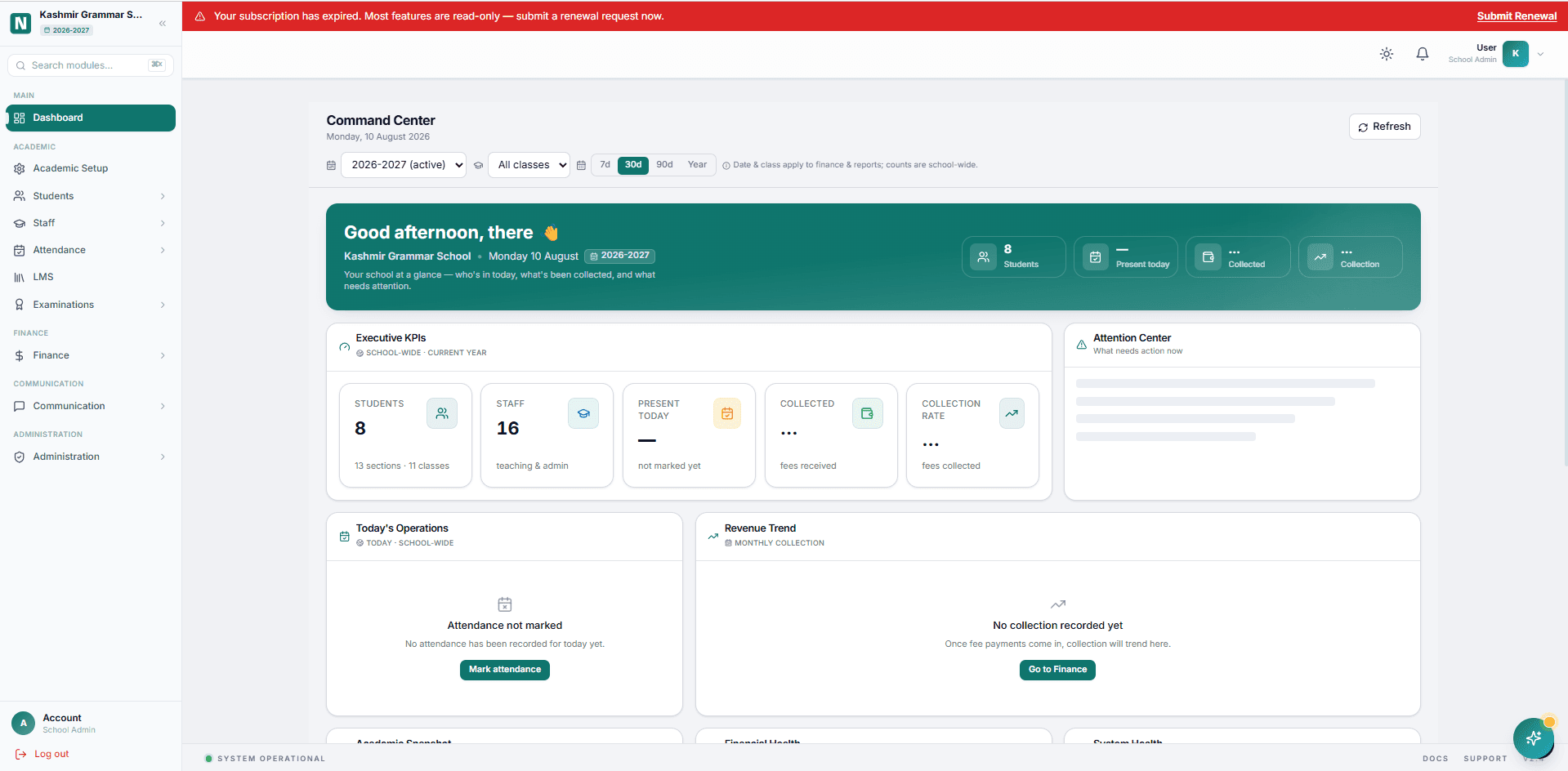 NuxusEd — Multi-Tenant School Management SaaS — School command centre