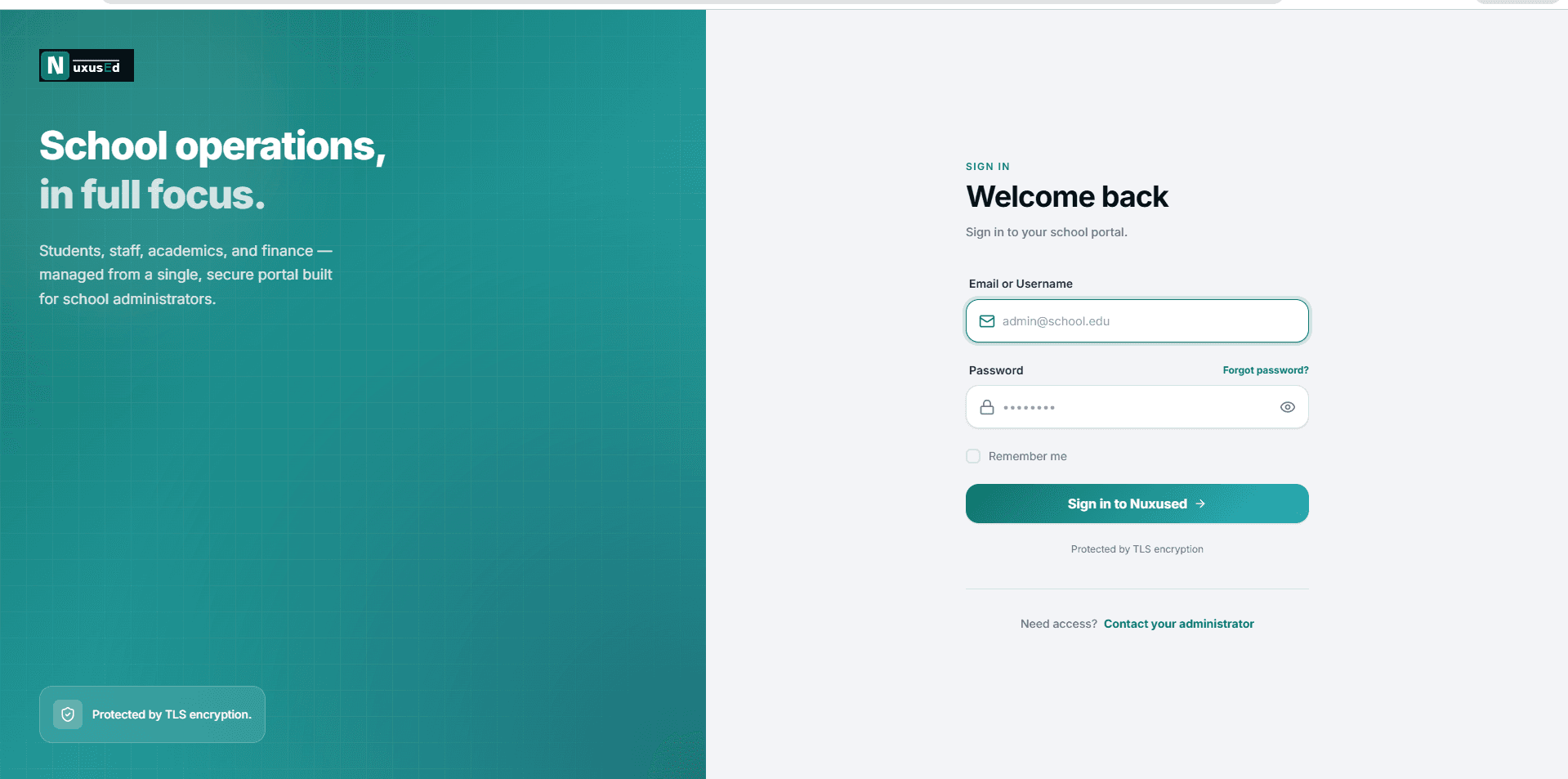 NuxusEd — Multi-Tenant School Management SaaS — School portal sign-in
